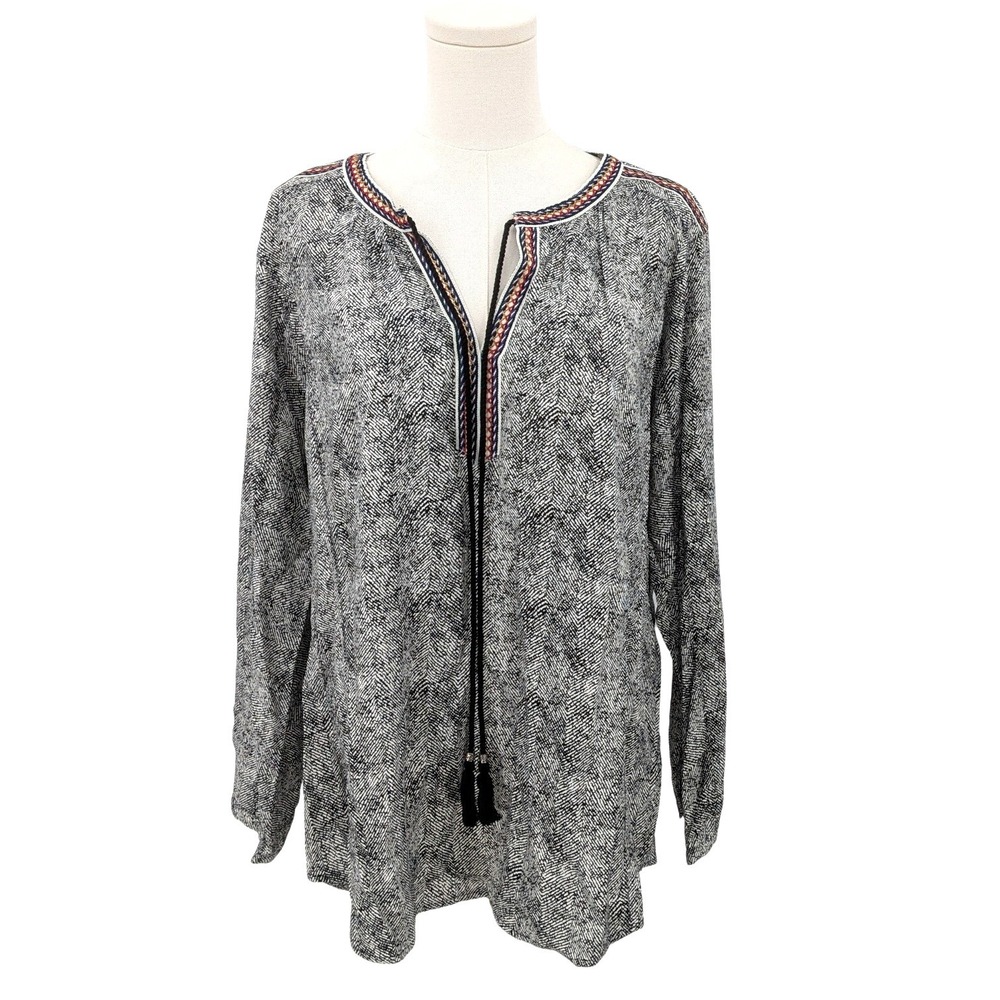 Daniel Rainn Black White Print Tunic Tassel Tie Split Neck Boho‎ XL NWT